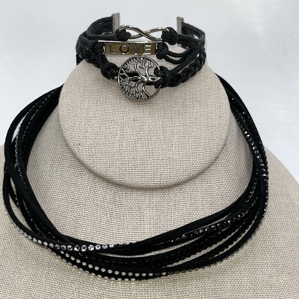 Choker Charm Bracelet Black Braid Infinite 8 Life Tree & LOVE Rhinestone Goth